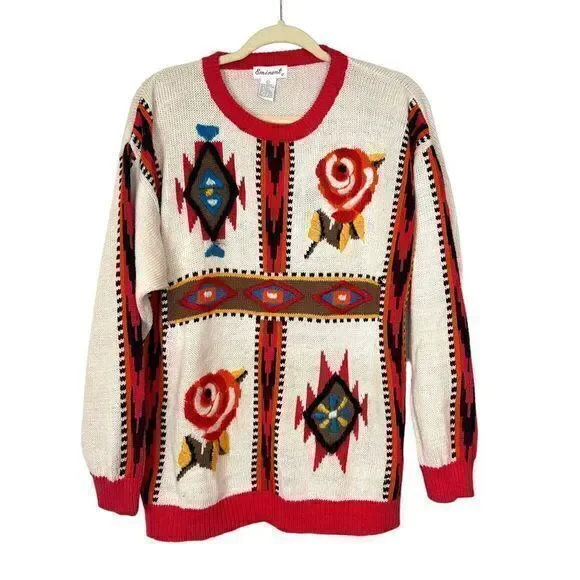 Emminent Womens Folk Art Embroidered vintage Crewneck Sweater Southwesterb Large - Picture 1 of 16